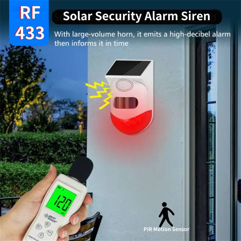 

RF433 Remote Control Solar Security Alarm Siren PIR Motion Sensor Detector Waterproof For Home Garden Yard Outdoor Security