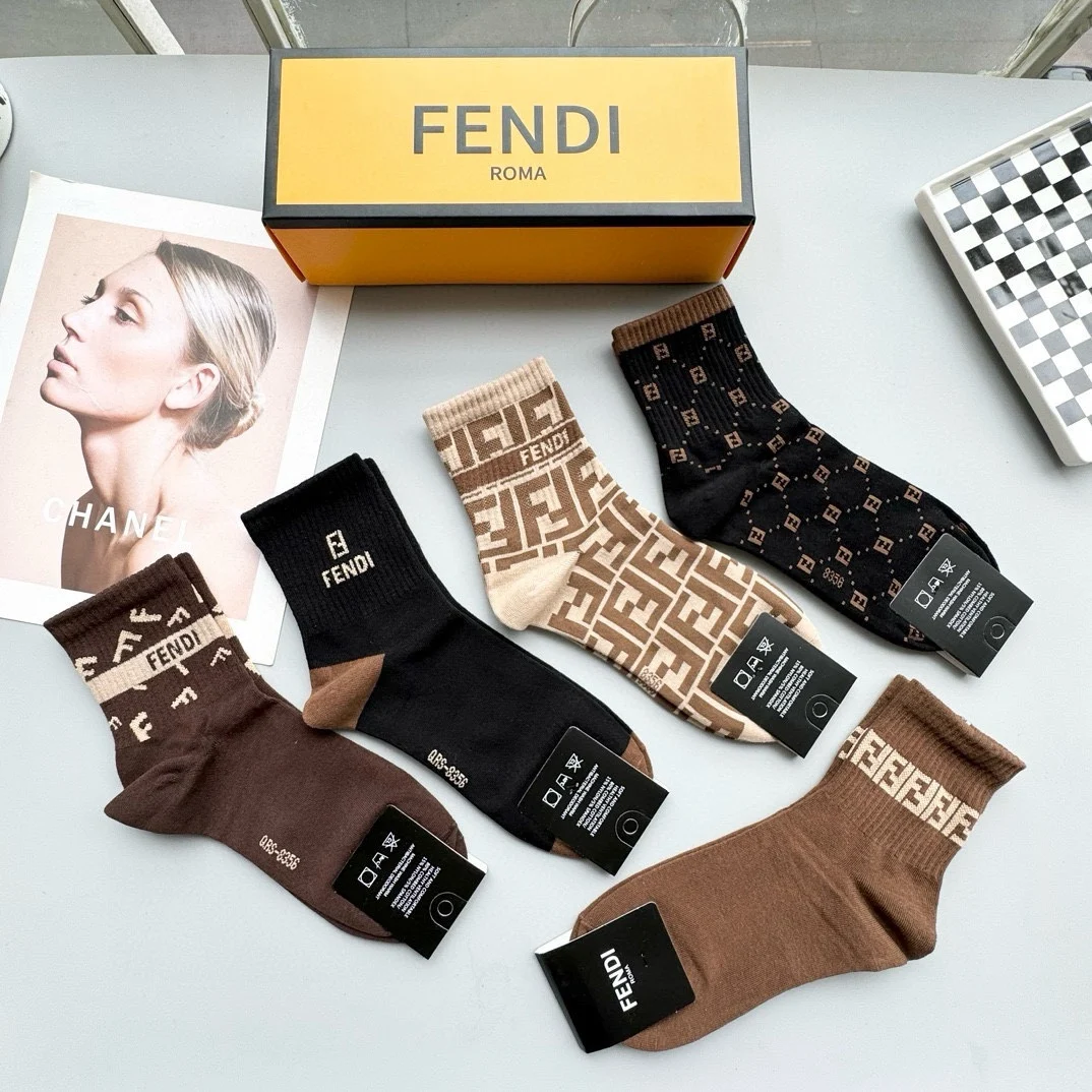 Носки Fendi 5 пар дышащие Носки мужские женские хлопковые мягкие впитывающие пот