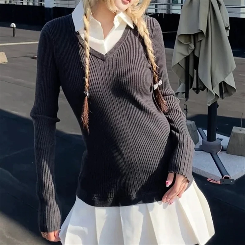 

Goth Dark Knitted Ribbed Y2k Polo Neck A-line Dresses Korean Fashion Pleated Slim Mini Dress Women Patchwork Long Sleeve Clothes