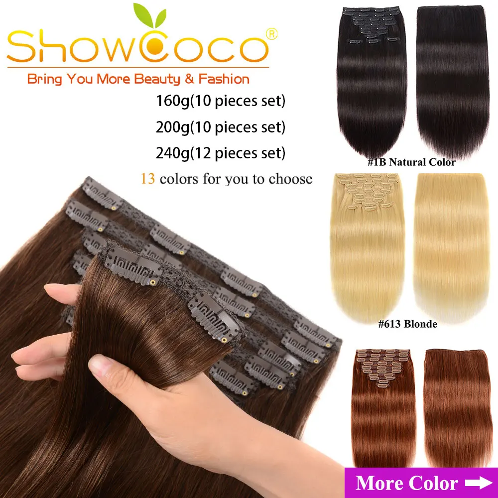 ShowCoco Clip In Hair Extensions Human Hair Clip 200G 10pcs/set 100% Remy Silky Straight 2022 Natural Clip-on Hair