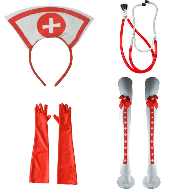 

Halloween Suit Nurse Costume Props Doctor Headdress Gloves Socks Stethoscope 4 Piece Set