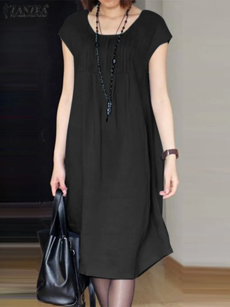 

2023 ZANZEA летнее модное повседневное праздничное платье до середины икры Robe Femme однотонное вечерние Vestido женское короткий рукав сарафана с круглым вырезом