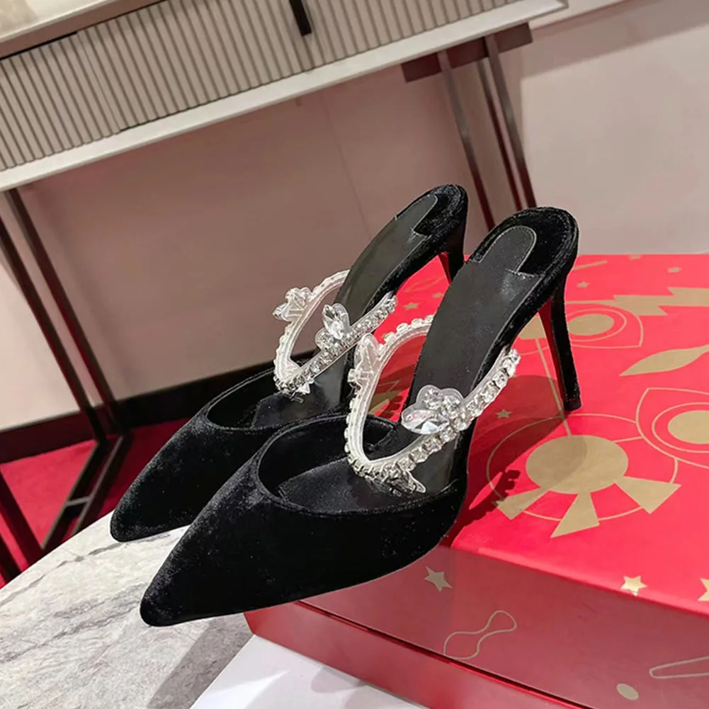Brand New  Pointed Toe 2023 Summer Rhinestones Silver Black Wedding Sexy Party High Heels Women Mules Pumps Slip On Women Shoes