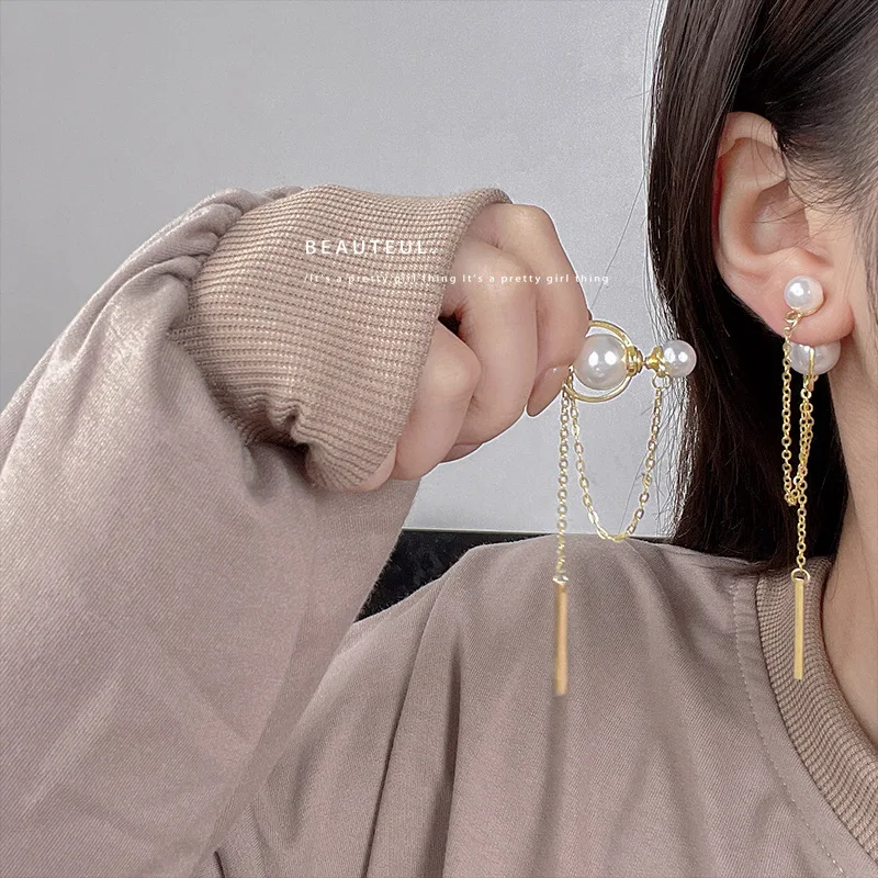 

2022 New Female Korean Temperament Long Simple 925 Silver Gold Tassel Hypoallergenic Earrings Pearl Personality All-Match