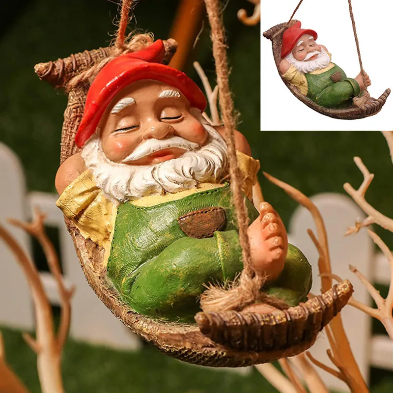 

Gnome Resin Statue Garden Dwarf Miniature Fairy Garden Statue Courtyard Swing Hammock Elf Figure Resin Garden Home Decoration