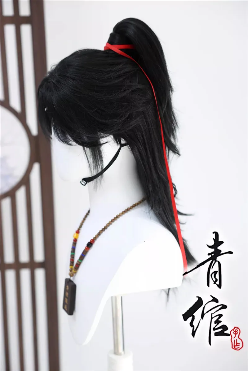 Фото Стилизованные парики Young Master Cos с головным убором с красной лентой Where Winds Meet Черные длинные термостойкие синтетические волосы Парики для косплея + №2