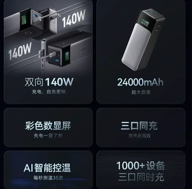 Фото Портативный внешний аккумулятор Anker Power Bank 737 140W 24000mAh PowerCore с 3 портами, быстрой зарядкой и цифровым дисплеем №5