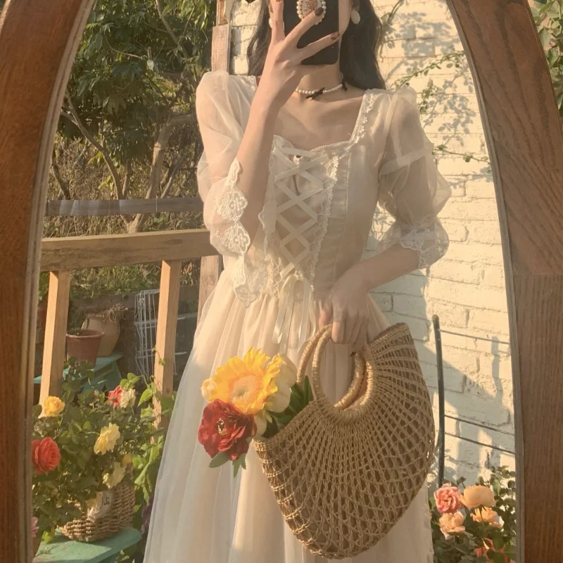 

WDMSNA французское винтажное платье миди, женское элегантное кружевное платье принцессы, оригинальное весеннее повседневное корейское сваде...