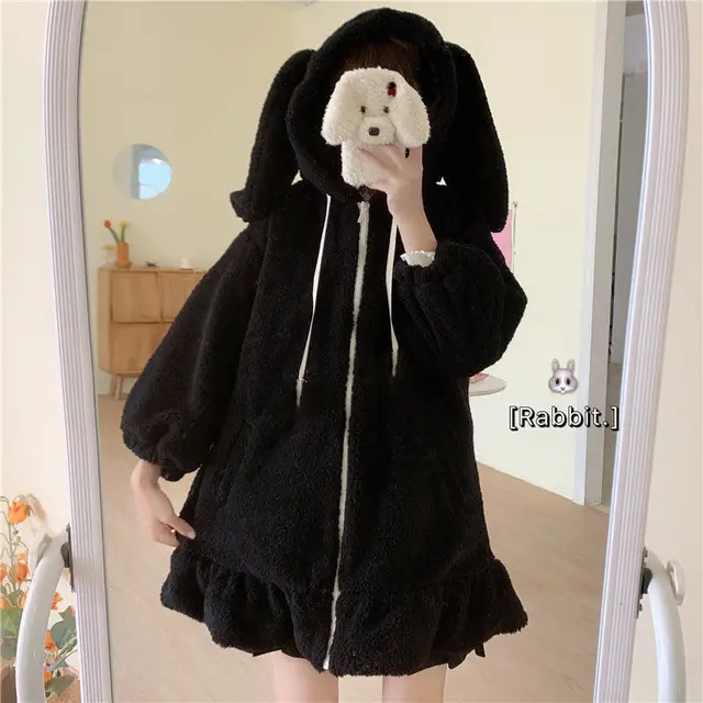 Rabbit Ears Hoodies Women Zip-up Sweatshirts Coat Long Lantern Sleeve Hooded Lolita Cute Sweet Girls Harajuku Warm Baggy Outfits 4