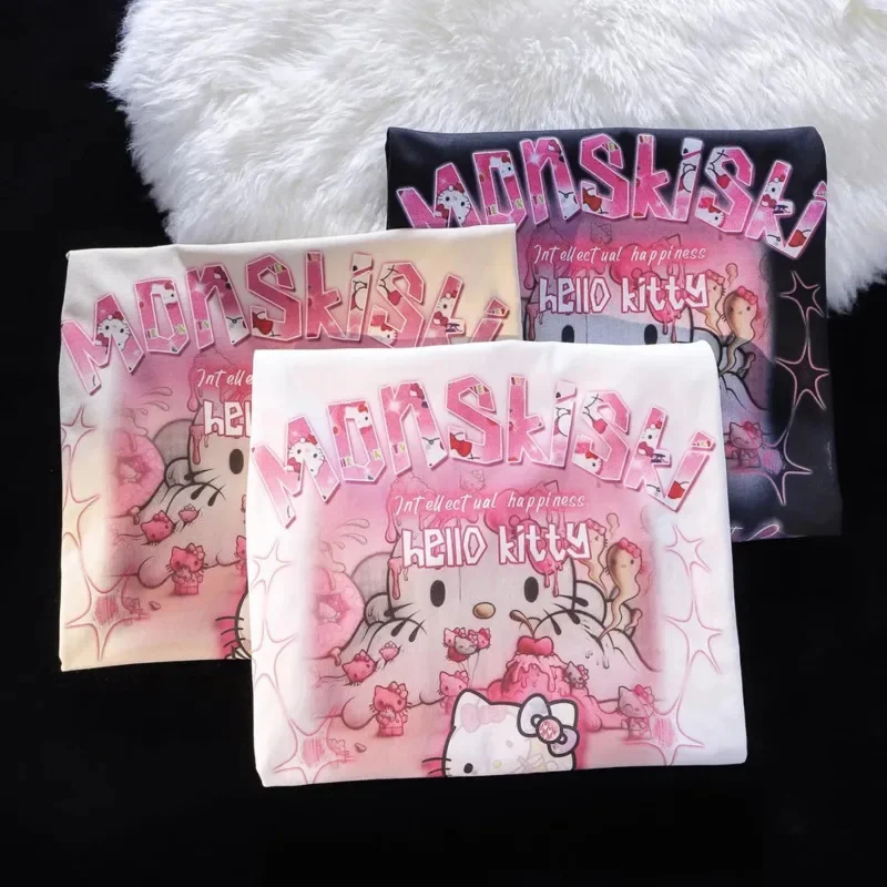 Хлопковые белые футболки Hello Kitty Sanrio женские летние топы с принтом аниме Y2k Kawaii