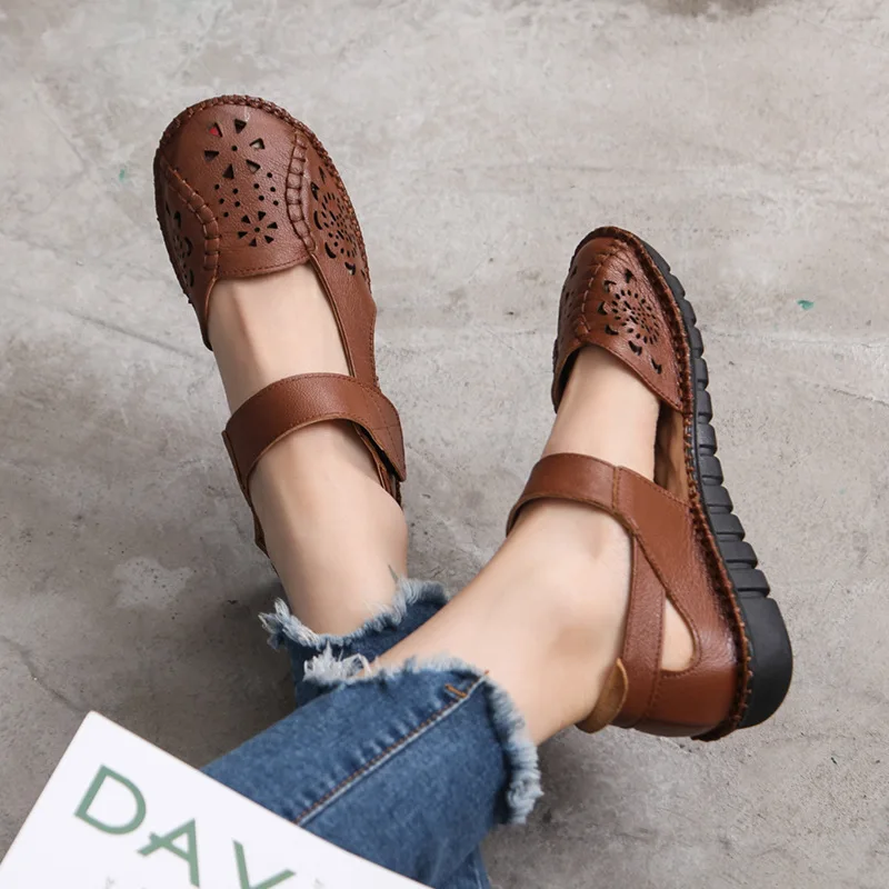 

Comemore 2022 Soft Flat Sandals Summer Hollow Genuine Leather Breathable Women Shoes Woman Casual Buckle Strap Ladies low Sandal
