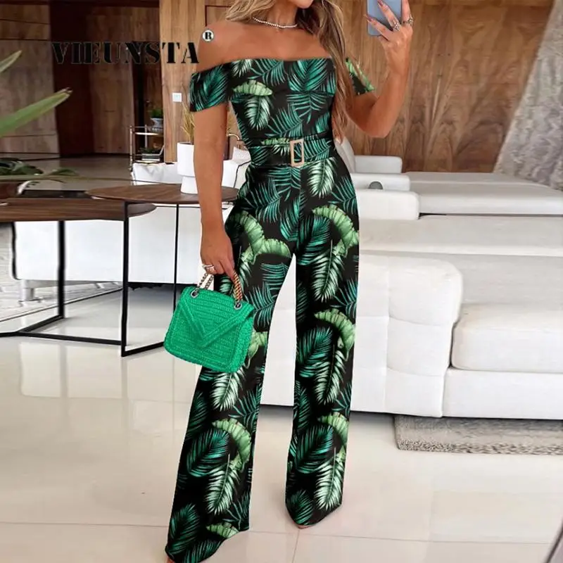 

Office Lady Commute Green Romper Summer Fashion Print Slash Neck Slim Jumpsuits Women Casual Belted High Waist Wide Leg Jumpsuit