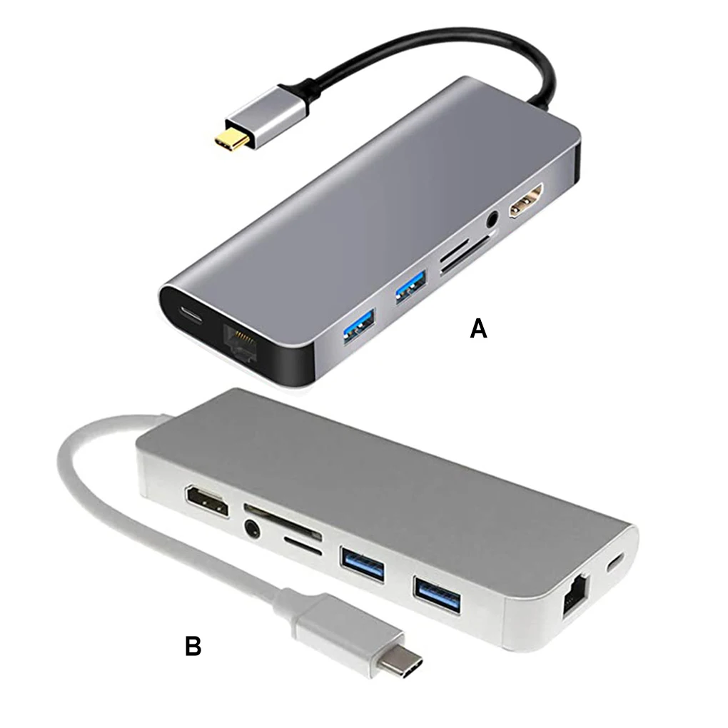 

8 in 1 Type-c USB Hub Adapter Device HDMI-compatible High Speed Converter Tool Cable Connect Accessory Silver