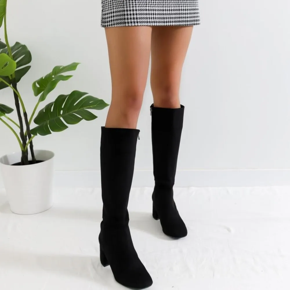 

Dorlie Milani Black Suede Mid Heels Pointed Toe Boots