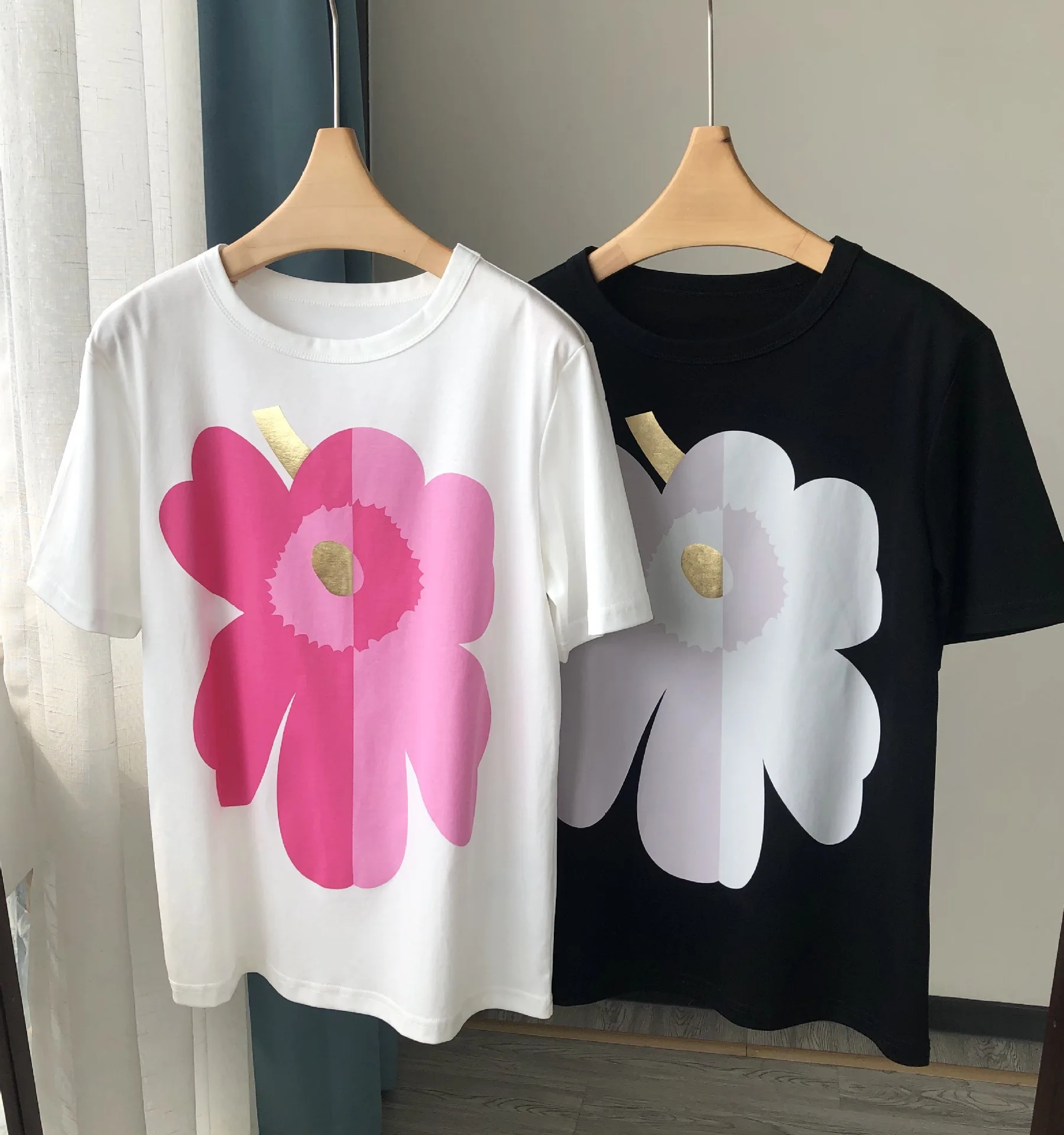 2023 Summer Europe Style Chic Women's High Quality Flower Print Cotton T-shirt Tee Tops C887
