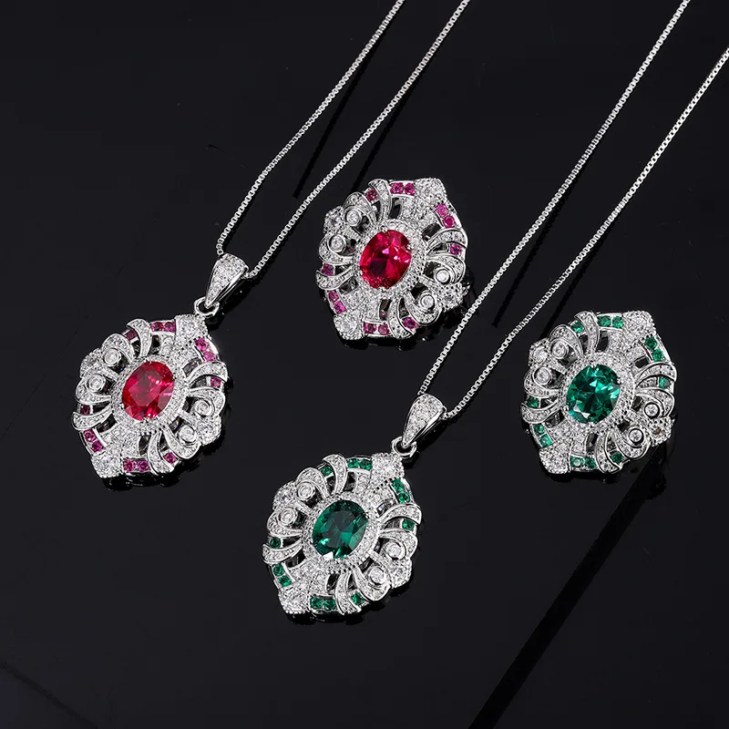 

2023 Fashion Vintage Zirconia Tourmaline 925 Silver Jewelry Sets for Women Wedding Engagement Resizable Ring Necklace Pendant