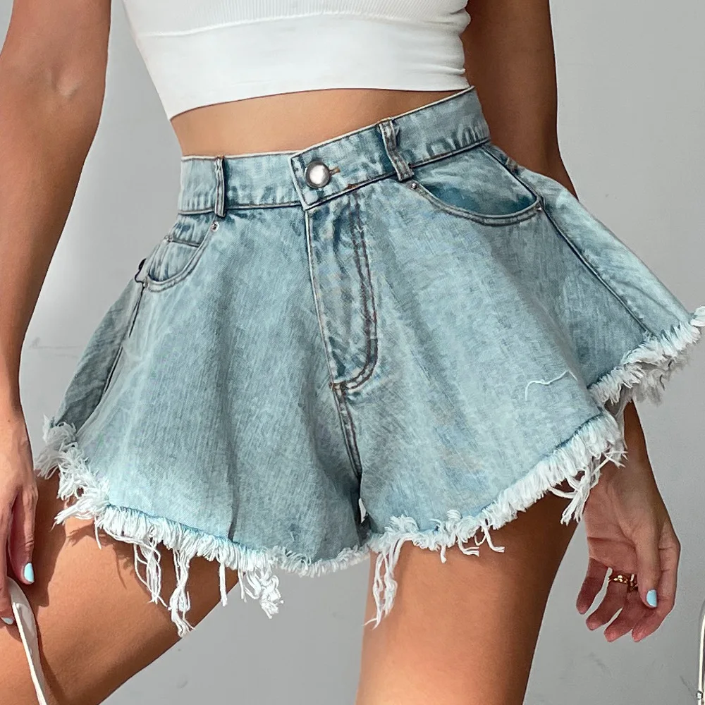 Summer Women High Waist Button Wigh Leg Jeans Shorts Casual Female Loose Fit Blue Denim Shorts Biker Shorts Women Denim Shorts