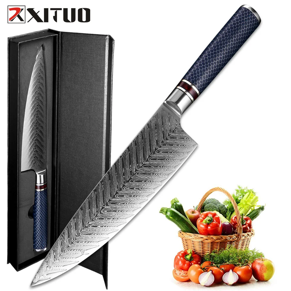 XITUO Chef Knife Damascus Steel 8-inch VG 10 Sharp Gyutou Utility Slicer Cleaver Knife Resin Honeycomb Handle Kitchen Knives New