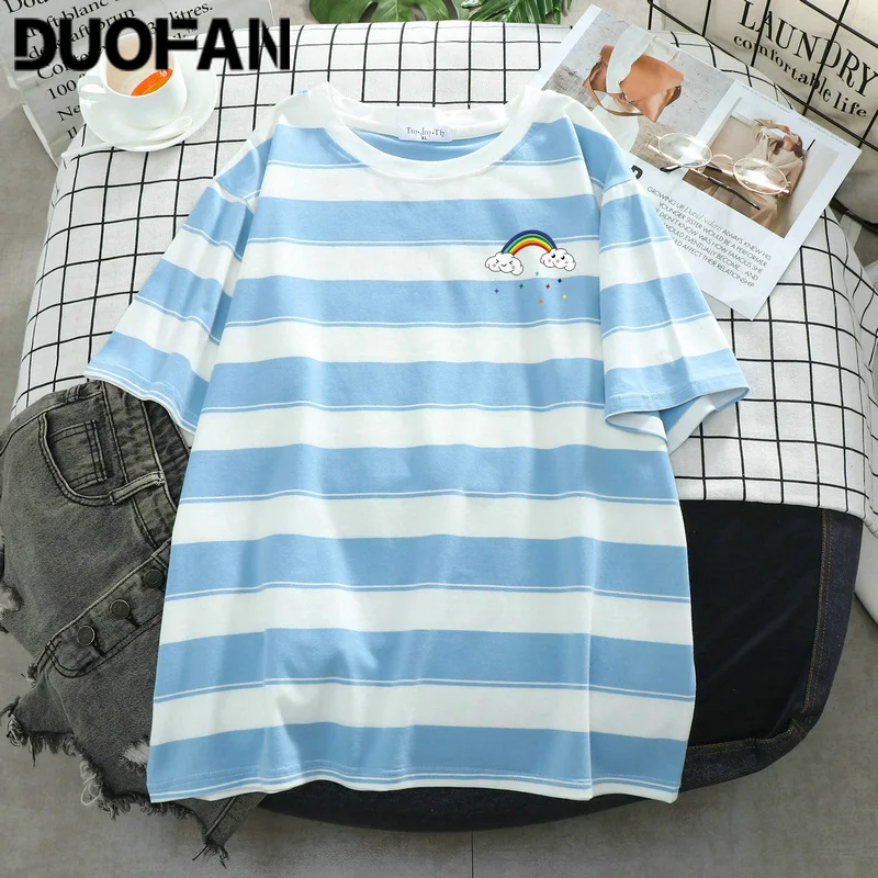 

DUOFAN Summer Cotton T Shirt Women Short-sleeved Thick Striped T-shirt Tops Women's Oversized Loose Casual Tees Is Thin