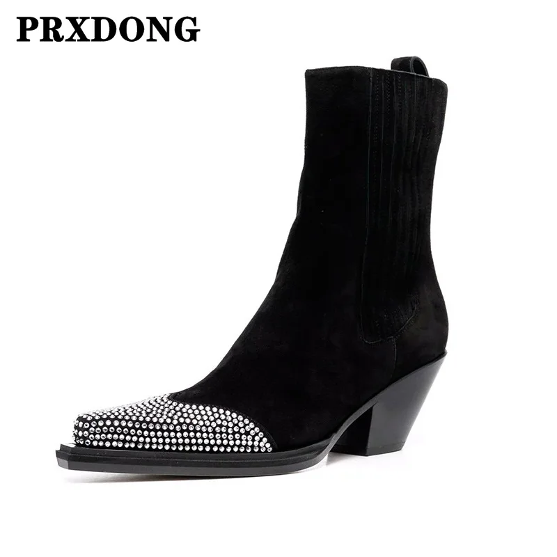 

New 2022 Fashion Women's Autumn Winter Ankle Boots Genuine Leather Med Square Heels Black Beige Casual Chelsea Boots Shoes 34-43