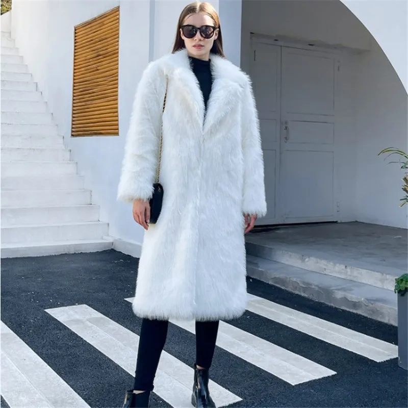 Faux Fur Coats Elegant Fashion 2023 Winter Women Turn-down Collar Thick Warm Long Jackets Overcoat Luxury Fur Coat Black White