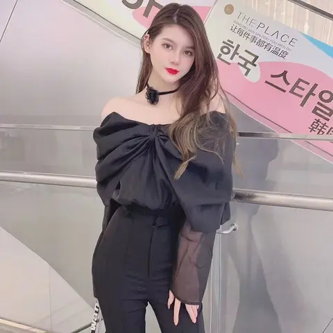 Женская блузка с открытыми плечами, черная шифоновая блузка с длинным рукавом и вырезом лодочкой в Корейском стиле, весна 2022