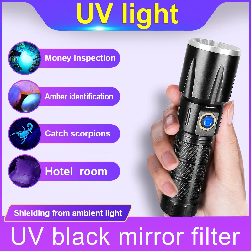 2022 LED UV Flashlight 365nm Ultraviolet Torch USB Rechargeable Lamp For Hunting Pet Urine Detector Lantern Black Filter Light