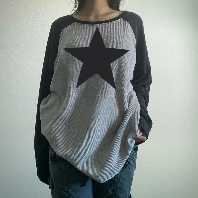 

Star Print Kawaii Y2K Pullover T-Shirts Women Autumn Contrast Patchwork Harajuku Clothes Full Sleeve Preppy Long Sweats Tops