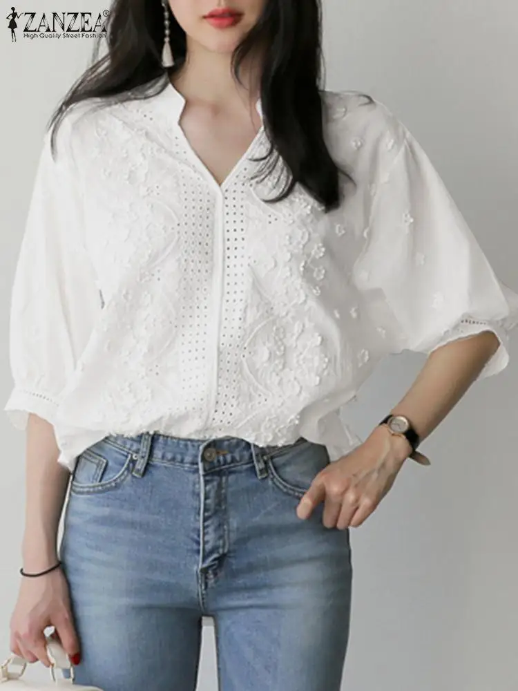 

Fashion Lace Crochet Shirt Summer Women Blouse ZANZEA Woman Half Sleeve V Neck Tops Bohemian Holiday Oversize Shirts OL Chemise