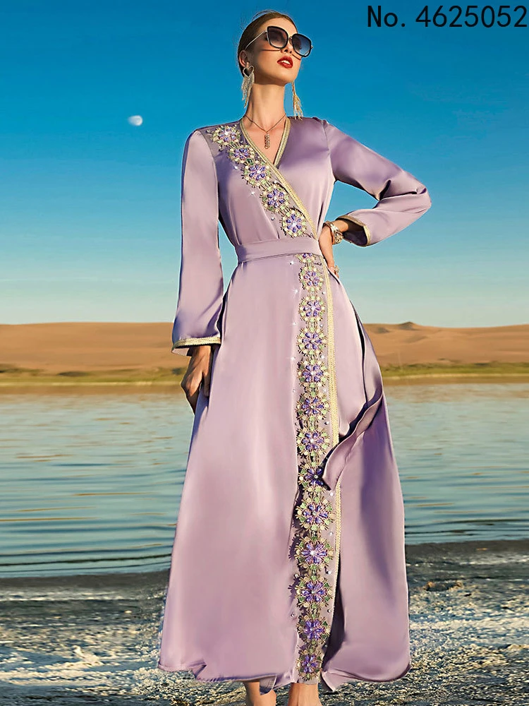 

Moroccan Embroidered Kaftan Women Hand Sew Rhinestone Arabic Muslim Evening Long Dress Elegant Caftan Dubai Saudi Abaya Ramadan