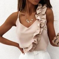 women summer sexy v neck ruffle t shirts backless spaghetti strap office ladies sleeveless casual tops female solid streetwear