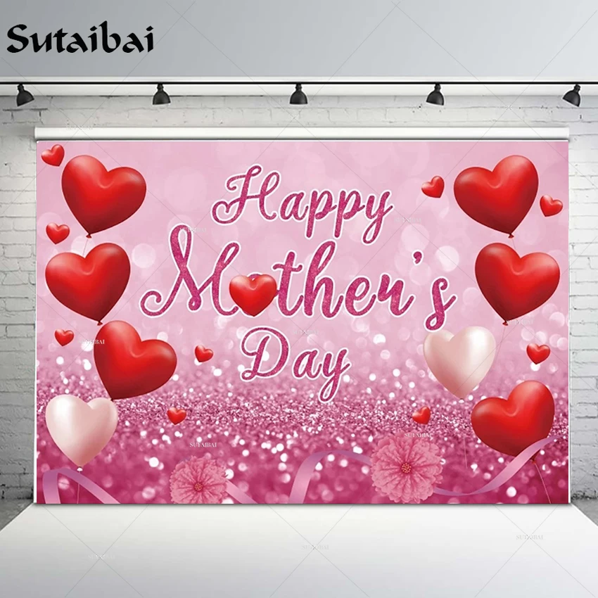

Happy Mothers Day Pink Glitters Love Heart Photo Backdrop Light Bokeh Family Party Love Mom Best Mother Gift Decor Background