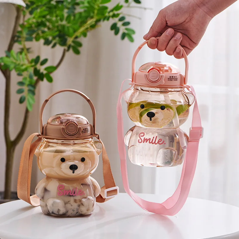 

1000ml Water Bottle Kawaii Cartoon Bear Plastic Sippy Cup Children's Portable Strap Water Bottle Mug with Straw School Outdoor