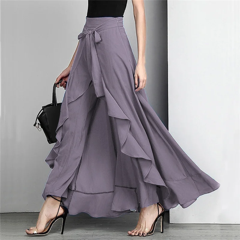 

Women Chiffon Long Palazzo Pants High Waist Irregular Ruffle Drawstring Trouser Solid Front Bandage Elegant Party Pant Skirt