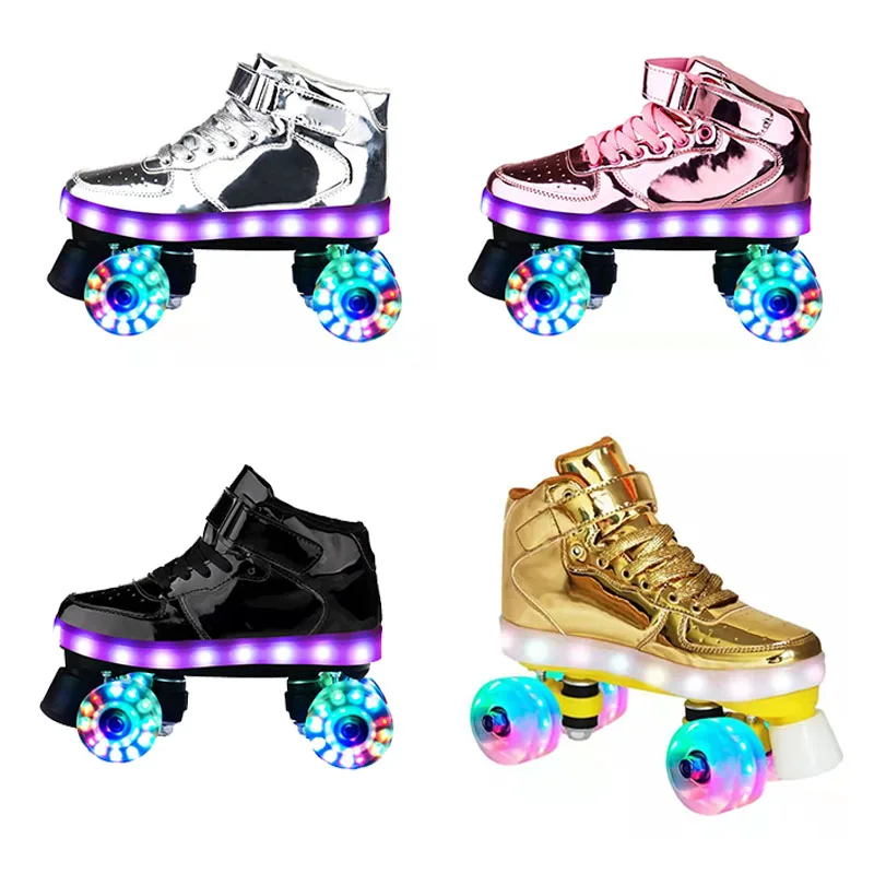 New LED Rechargeable 7 Colorful Flash Shoes Double Row 4 Wheel Roller Skates Outdoor Sport Running Shoes Men Women Patines