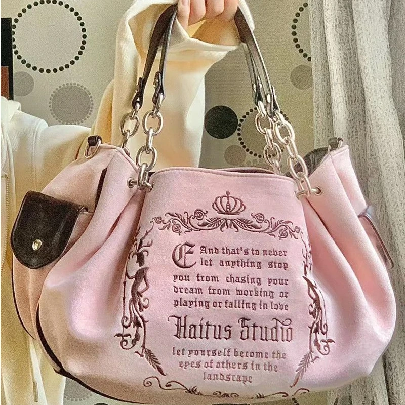 Y2K Women Pink Vintage Gothic Tote Bag Aesthetic Large Capacity Embroidery Letter Retro Ladies Grunge Chain Travel Shoulder Bags