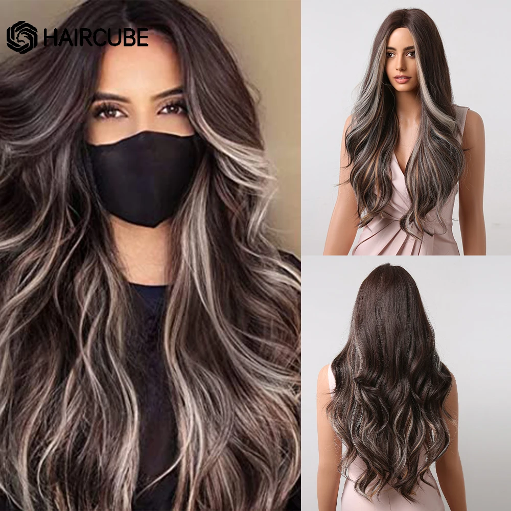 

HAIRCUBE Long Wavy Synthetic Wigs Brown With Gray Honey Blonde Highlight Natural Hair Wigs for Black Women Daily Cosplay Fiber