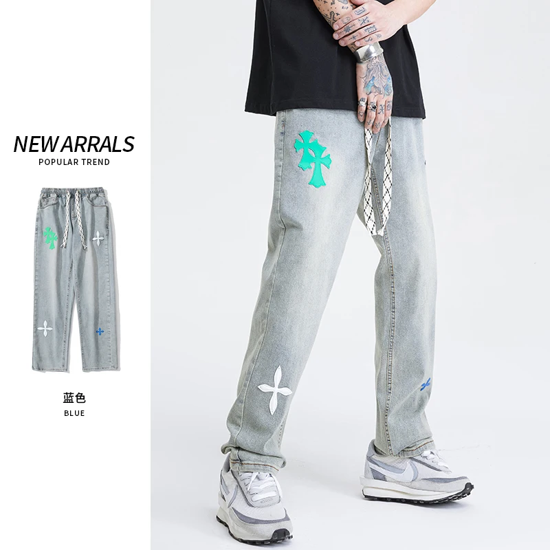 

cross Straight Jeans Men Fashion New Loose Casual Pants Soft Denim Women Fashion Cowboy Streetwear Hip Hop Trousers Male 2022