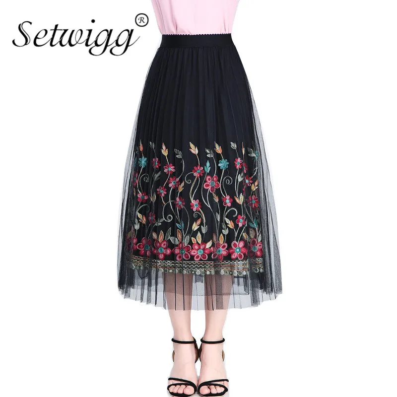 

SETWIGG Spring Summer Sweet 3D Embroidered Floral A-line Tulle Mid-calf Skirts Korean Flower Embroidery Long Guaze Skirts