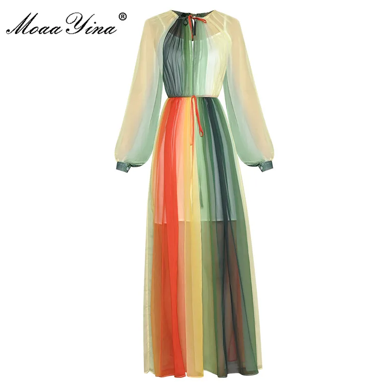 

MoaaYina Designer Fashion Summer Dress Women Lantern sleeve chiffon gradient color high waist Long Dress Vestidos