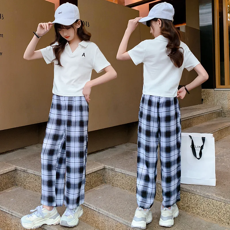 

Summer Girls Clothing Sets Girls Short Sleeve T Shirt + Wide Leg Pants Teen Children Clothes 8 10 12 Years Kids Plaid Tracksuit