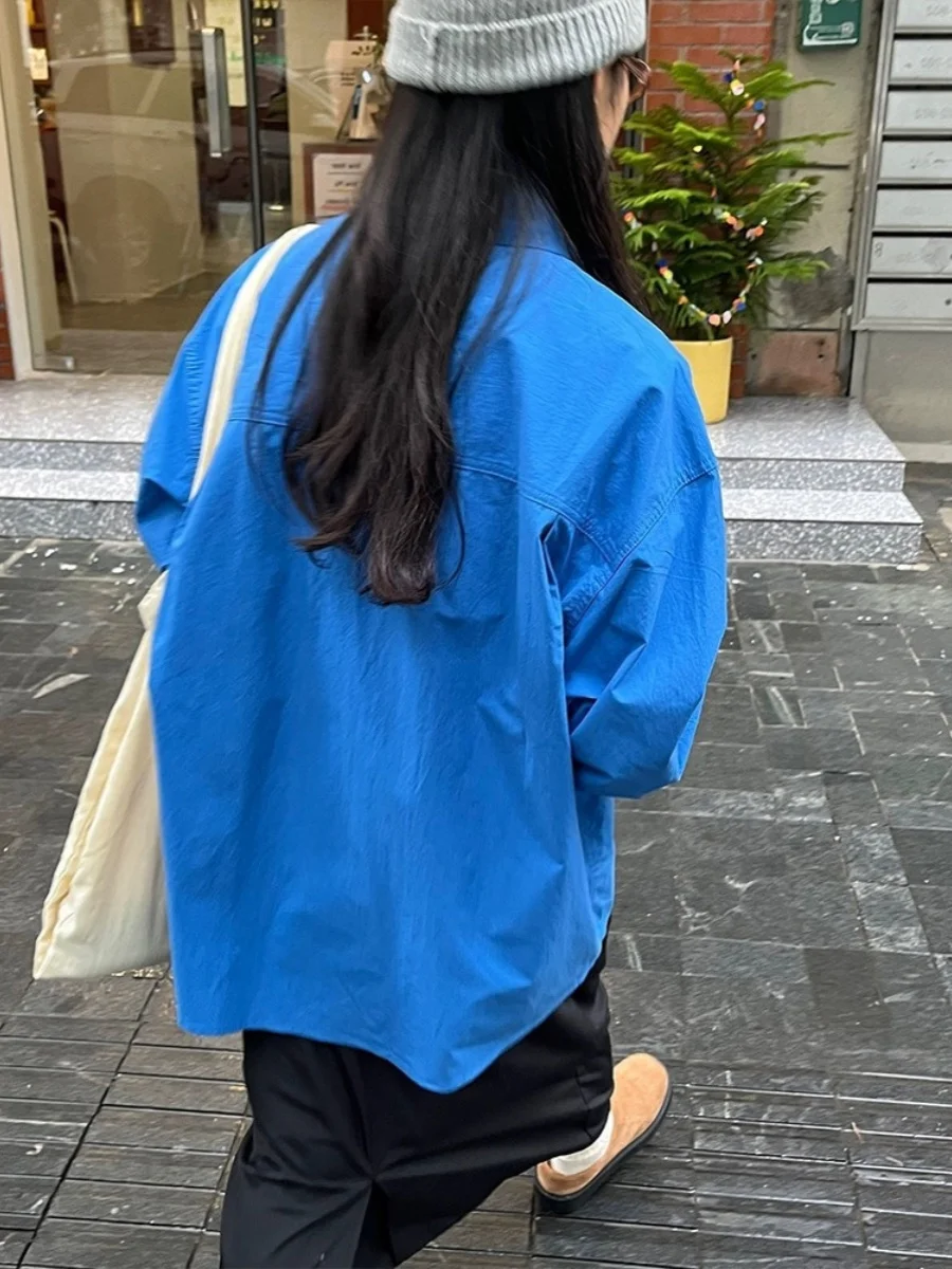 High-End White Klein Blue Long sleeve Shirts Women Autumn and Winter Stacked Inner wear Top Spring Cotton Shirt Ou...