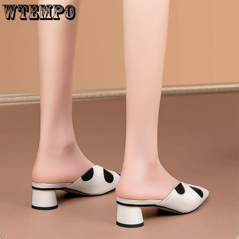 WTEMPO Pointed Mid Heels Slippers Women Summer Shoes Sexy Sandals Leather Mules Shallow Slides High Heel Shoes Dropshipping