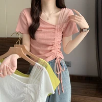 women fashion short sleeve t shirt summer slim design mesh splicing irregular drawstring top casual korean style ladies clothes