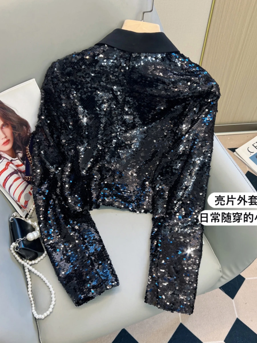Fall 2022 New Fashion Design Heavy Glitter Suit Jacket Female Temperament Long Sleeve Short Blazer for Women All-matching