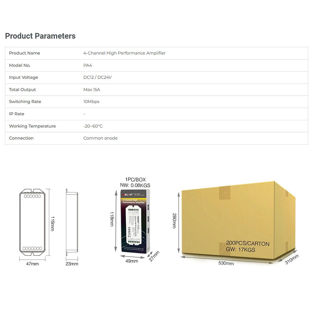 Контроллер Светодиодных Лент Miboxer PA4 RGBW 4-канальный 15 А ШИМ-диммер Постоянного