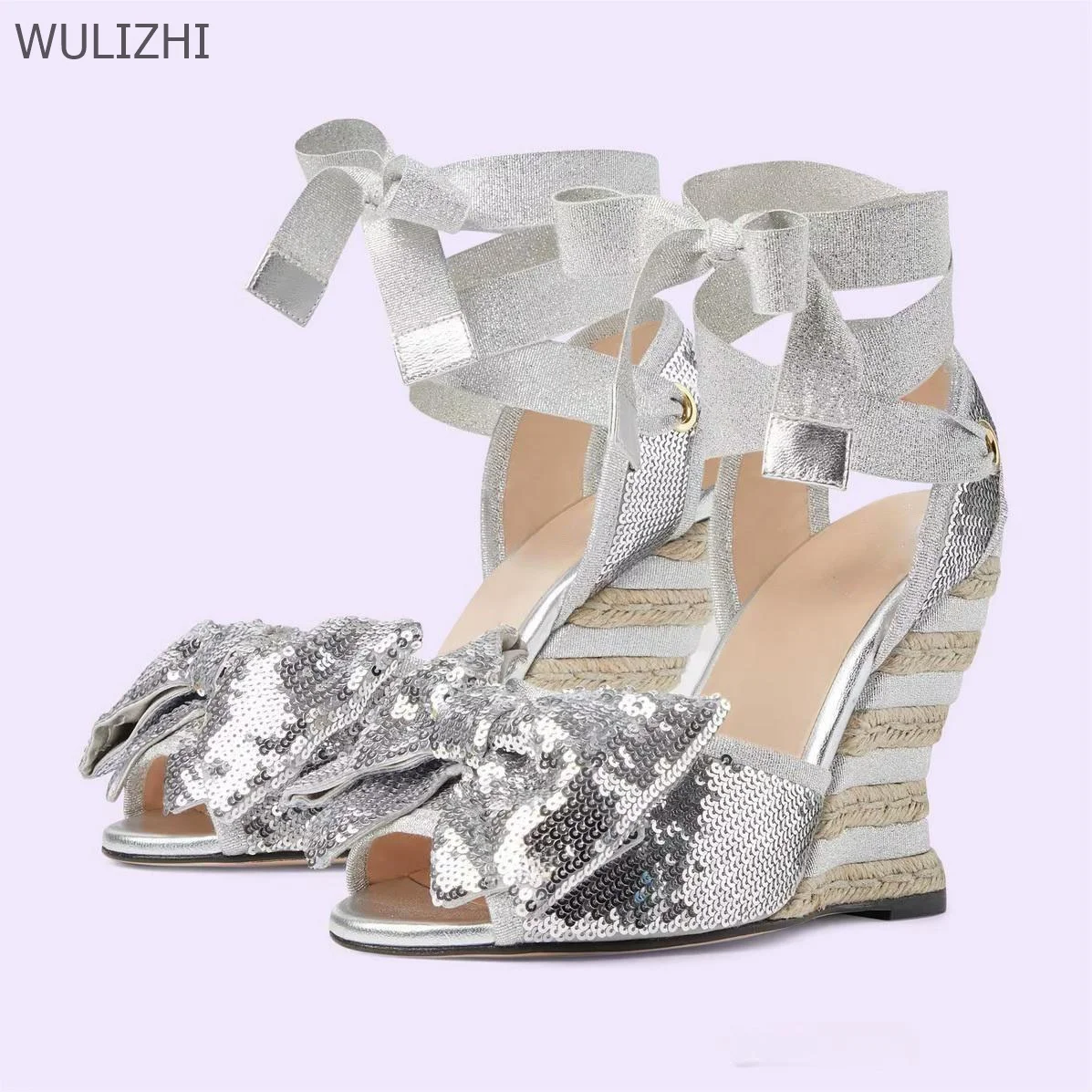Gold Wedge Lace Butterfly Knot Heels Peep Toe Open Espadarille Patchwork Sandals Lace-Up Fretwork Heels Sequins Slingback Shoes