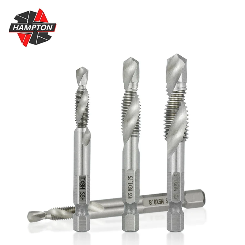 

HAMPTON Hex Shank Metric Tap Combined Tap and Drill Spiral Flute HSS Thread Screw Tap Threading Tool M3 M4 M5 M6 M8 M10 M12