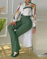 womens fashion green casual shirt trousers 2022 spring autumn new printing two piece set