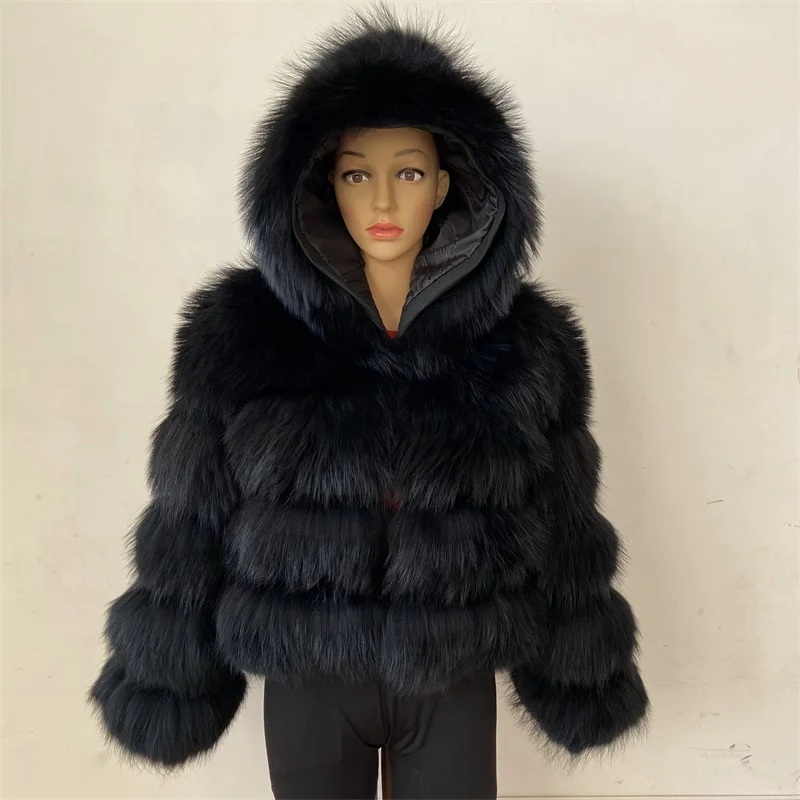 Real Natural Raccoon Silver Fox Fur Hooded Coat Detachable Hood For Women Winter Fashion Warm  Outwear Height 50 CM Plush Jacket